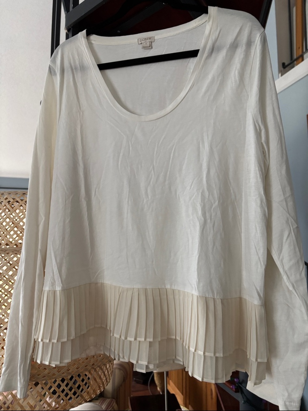 J. Crew Cream Long-Sleeve Pleated-Hem Top